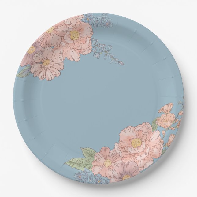 Prato De Papel Florais shabby chic rosa e azul (Frente)