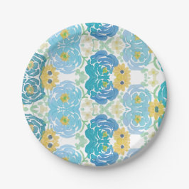 Prato De Papel Floral Aquarela Azul e Amarelo