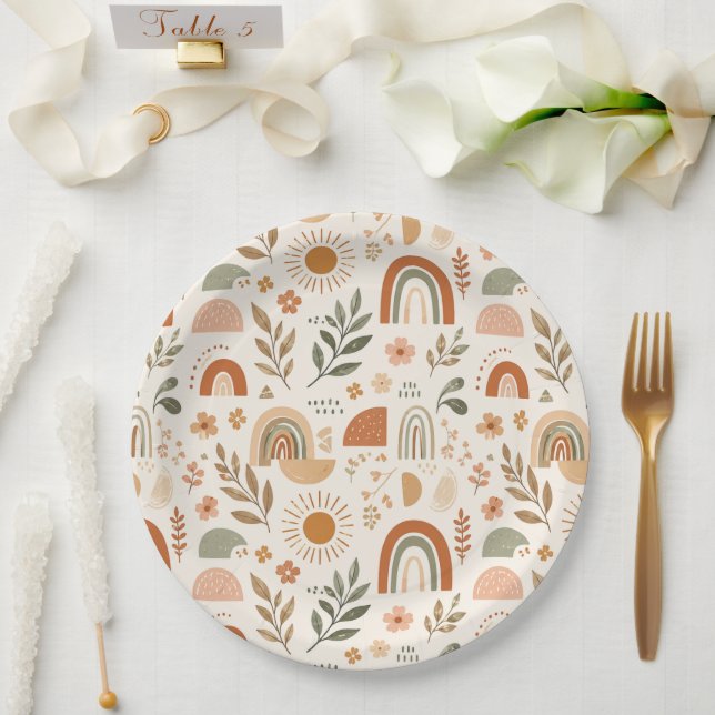 Prato de Papel Floral Arco-Íris Boho Terroso Sol (Casamento)