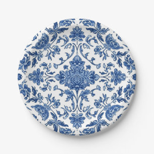 Prato De Papel Floral Azul Chinoiserie Aquarela Branca