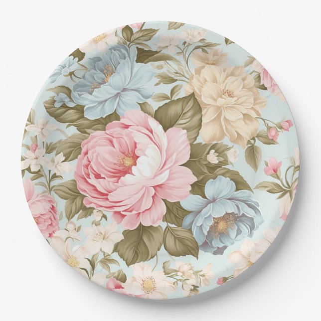 Prato de Papel Floral Azul Rosa Amarelo (Frente)