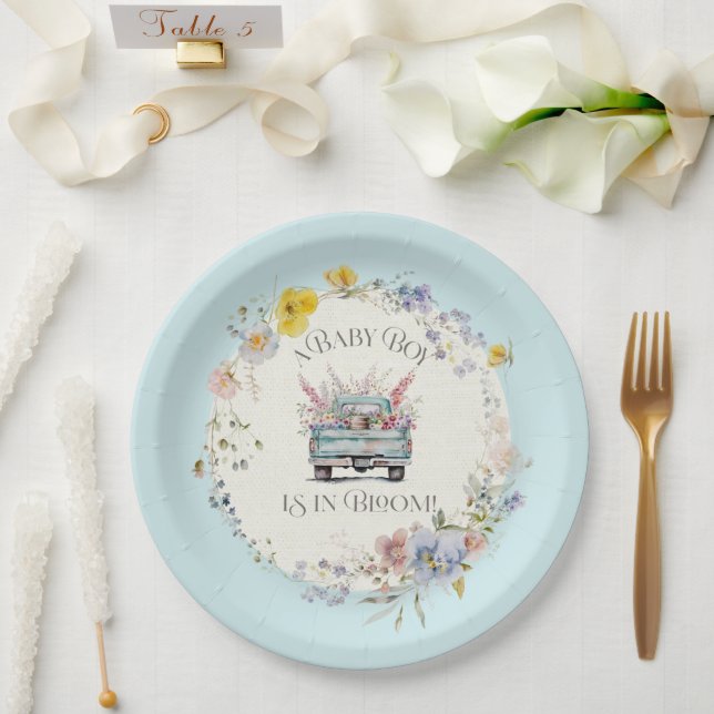 Prato De Papel Floral Blue Truck Baby Boy in Blogue Paper Plates (Casamento)