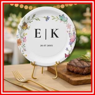 Prato De Papel Floral Boho Selvagens Monograma Borboleta Casament