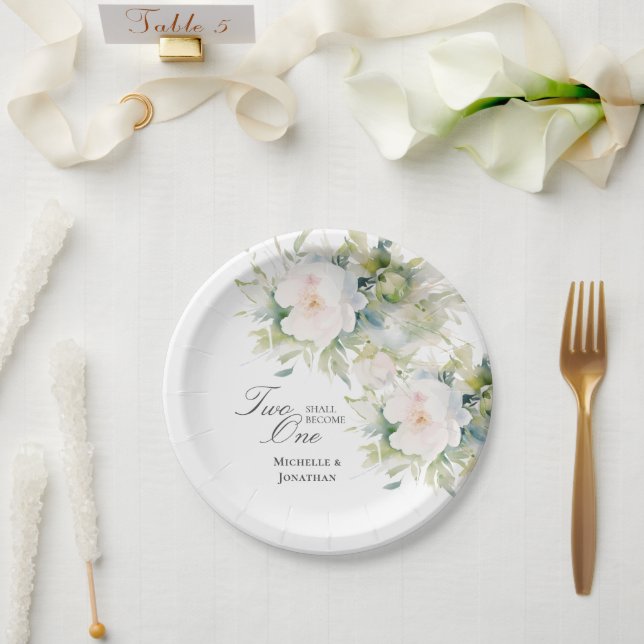 Prato De Papel Floral Branco Elegante Dois Torna-Se Um Casamento  (Casamento)