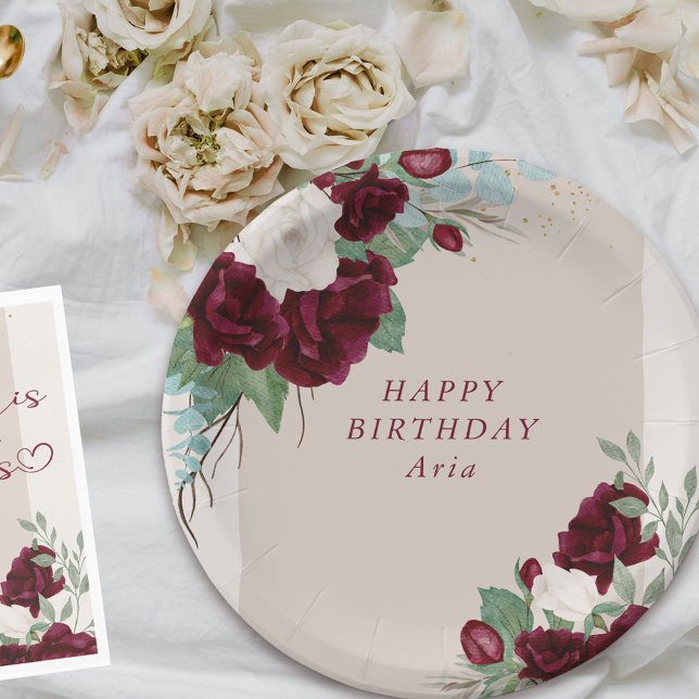 Prato De Papel Floral Burgundy e Rosas de Marfim personalizados (Birthday party plates from my Royal Roses collection
)