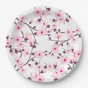 Prato De Papel Floral Cereja Brilhante Cor-de-rosa Branco