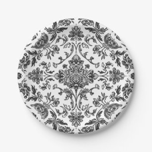 Prato De Papel Floral Chinoiserie Preto e Branco Aquarela