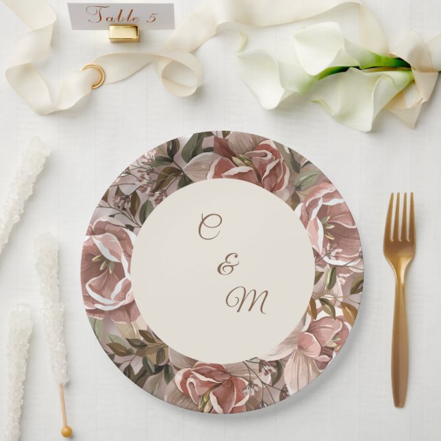 Prato de Papel Floral com Aguarela Rosa Romântica (Casamento)