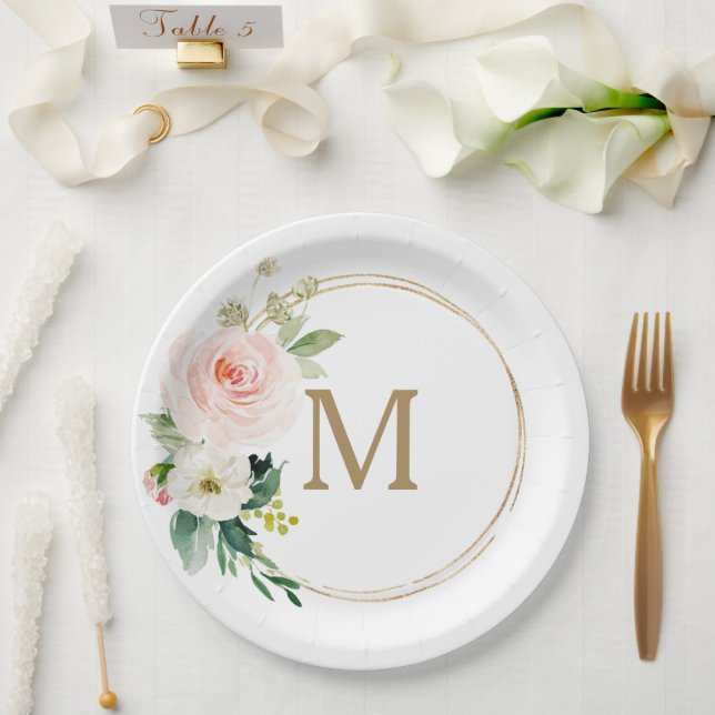 Prato de Papel Floral com Monograma para Chá de No (Casamento)