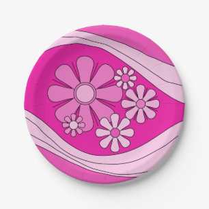 Prato De Papel Floral Daydreter Retro Rosa Quente Rosa 60s Flores