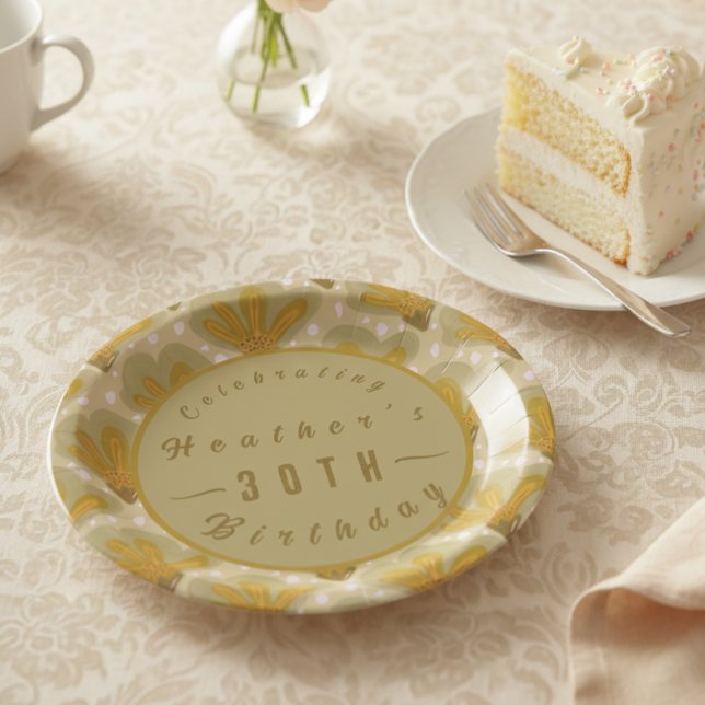 Prato De Papel Floral de Aquarela Dourada Personalizada (Perfectly elegant and cute for that afternoon tea birthday party. Customize it now.)