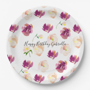 Prato De Papel Floral de Aquarela Rosa Burgundy