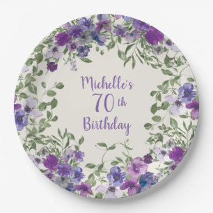 Prato De Papel Floral de Aquarela Roxa Aniversário de 70 anos
