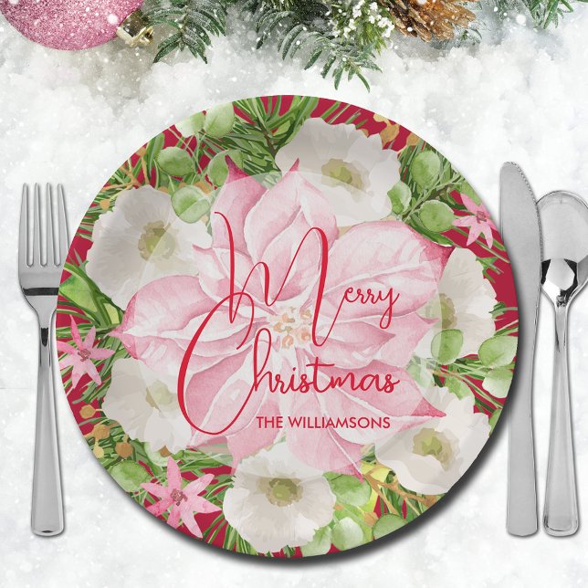 Prato De Papel Floral de Aquarelas de Natal (Pink poinsettia and winter flowers Merry Christmas paper plates)