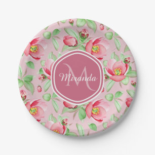 Prato De Papel Floral De Flor De Maçã Rosa E Bonito Com Monogra