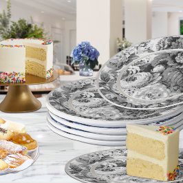 Prato De Papel Floral de Vintagem Preta e Branca