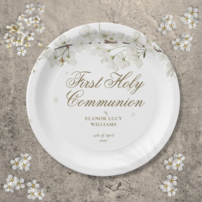 Prato De Papel Floral do Flor Branco Elegante da Primeira Comunhã (First Holy Communion Elegant White Blossom Floral Paper Plates)