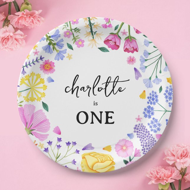 Prato De Papel Floral do Primeiro Aniversário da Pequena Flor (Spring Wildflower Girl's First Birthday Paper Plates)