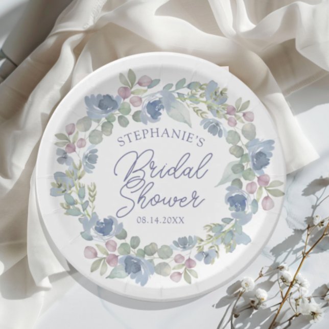 Prato De Papel Floral Dusty Blue Wreath Bridal Shower (Criador carregado)