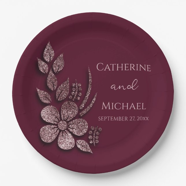 Prato De Papel Floral e Borgonha Dourada do Elegante Moderno (Frente)