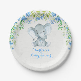 Prato De Papel Floral Elephant Baby Boy Blue Party Placa Chá