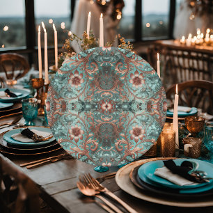 Prato De Papel Floral Formal Elegante de Cobre e Turquesa