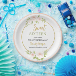 Prato De Papel Floral Gold Script Sweet Sixteen Birthday 