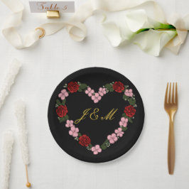 Prato De Papel Floral Heart Black Wedding Paper Plates