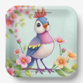 Prato de Papel Floral Pássaro Azul Rosa Fofo