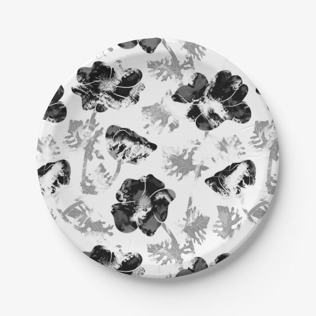 Prato De Papel Floral, preto e branco, preto, branco, flores (Frente)