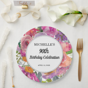 Prato De Papel Floral Rosa Roxo para Aniversário de 90 Anos de Mu