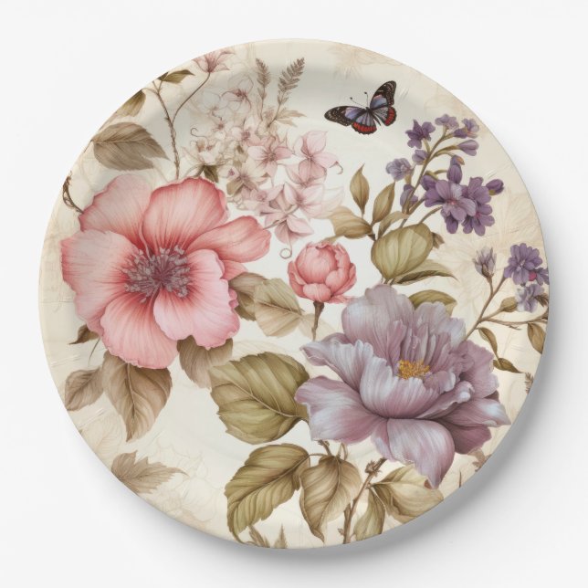 Prato de Papel Floral Rosa Roxo Vintage (Frente)