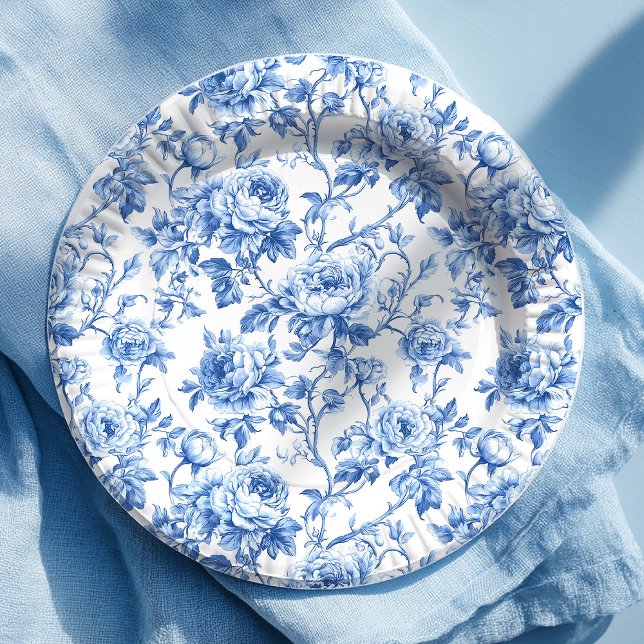Prato de Papel Floral Rosas Refined Blue French To (Refined Blue French Toile Roses Floral Paper Plates)