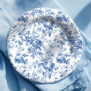 Prato de Papel Floral Rosas Toile Azul Francês Clá