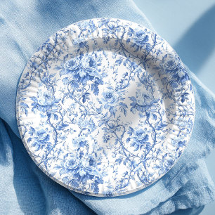 Prato de Papel Floral Rosas Toile Francês Azul de 