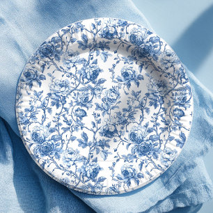 Prato de Papel Floral Rosas Toile Francês Azul Vin