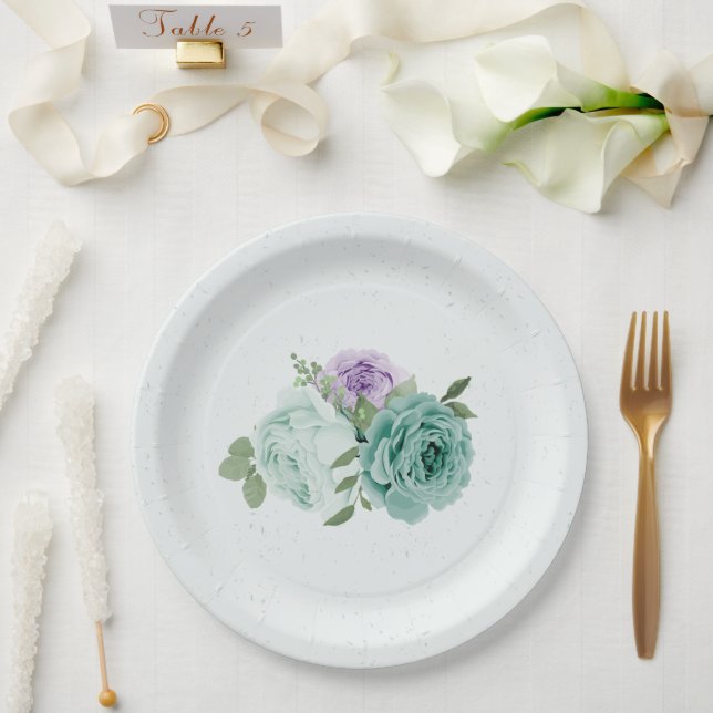 prato de papel floral roxo azul flores verde botan (Casamento)