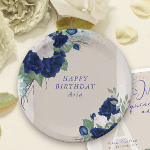 Prato De Papel Floral Royal Blue e Ivory Rosas Personalizadas