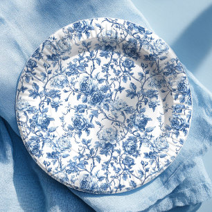 Prato de Papel Floral Toile Francês Azul Elegante 