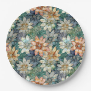 Prato De Papel Floral Verde Branco Azul Pêssego