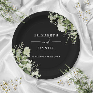 Prato De Papel Floral Verde Elegante Casamento Preto e Branco