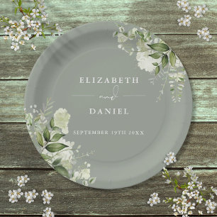 Prato De Papel Floral Verde Oliva Elegante Casamento