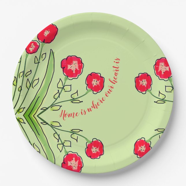 Prato De Papel Floral Vermelho com Placa de Papel Verde (Frente)