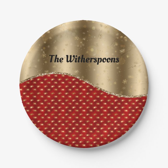 Prato De Papel Floral Vermelho Natal com Fita e Nome Dourados (Frente)