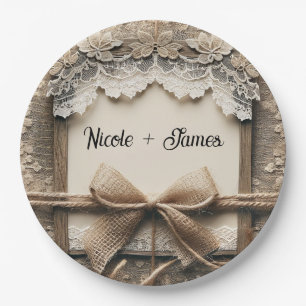 Prato De Papel Floral Vintage de Renda em Burel Rústico Casamento