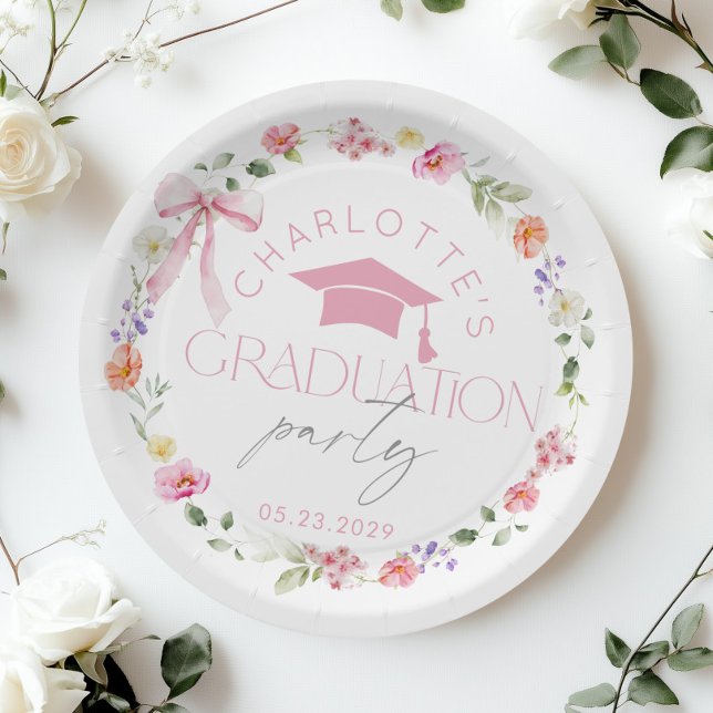 Prato De Papel Floral Widflower Pink Bow Graduation party (Criador carregado)