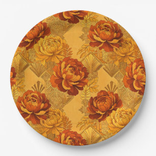 Prato De Papel Flores Abundantes Dourado Laranja Art Déco