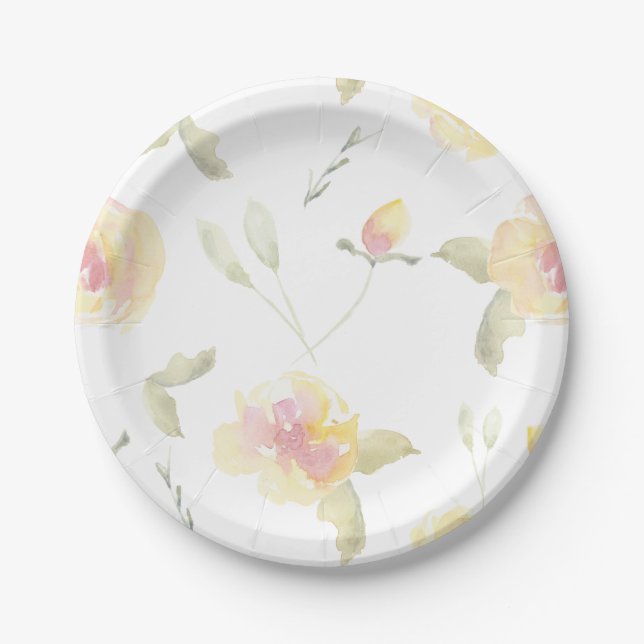 Prato De Papel Flores Aquarela Amarelo Limão Chá de Noiva (Frente)