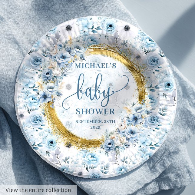 Prato De Papel Flores azuis e poeirentas chá personalizado de our (Sweet dusty blue flowers gold personalized shower Paper Plates)