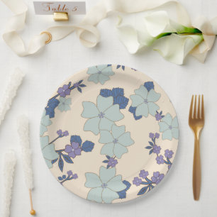 Prato De Papel Flores Azuis, Flores Roxas, Padrão Floral